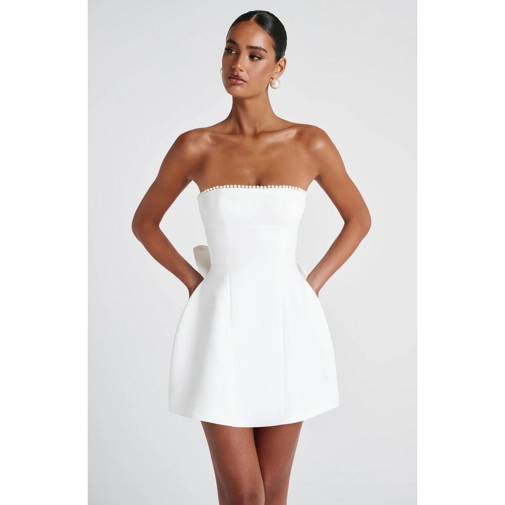 NWT Babyboo Suni Ivory Bow Pearl Trim Strapless Cocktail Mini Dress Women Size M - Picture 7 of 16